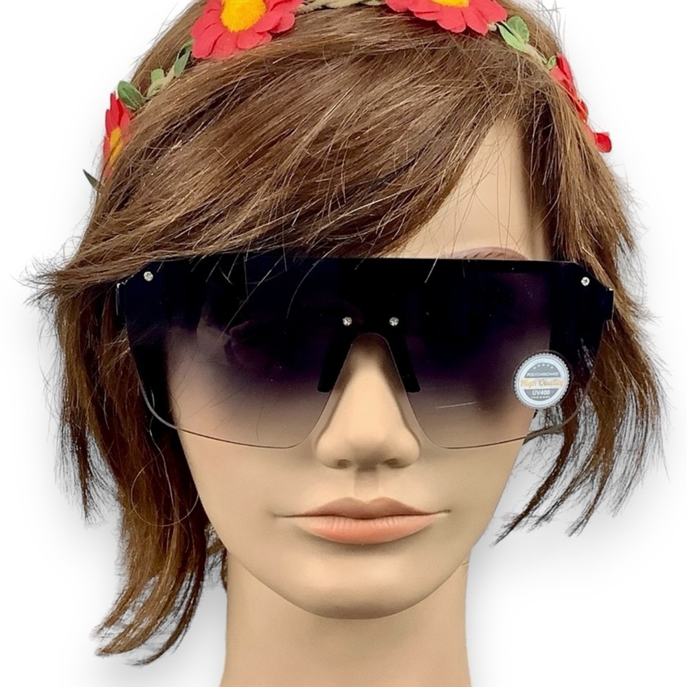 Rimless Black Flat Top Oversized Shield Sunglasses